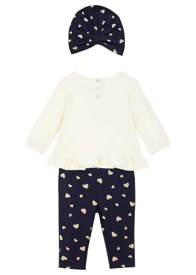 BODI + LEGGINGS + GORRO PARA BEBéS (3 PIEZAS) DE ALGODóN ORGáNICO BLANCO LANAAZUL OSCURO ESTAMPADO